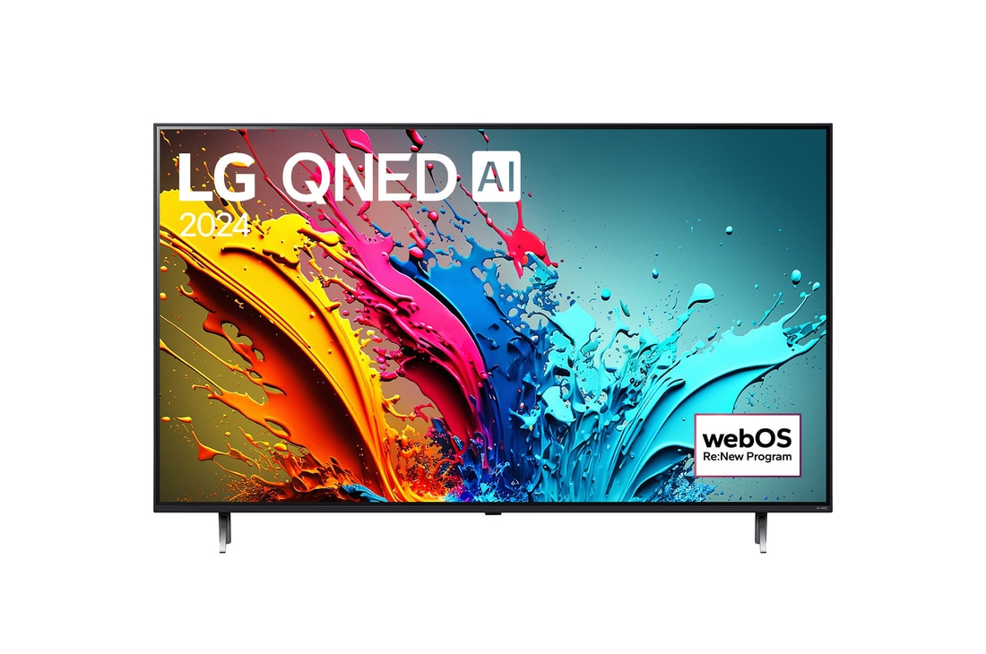 Tampak depan LG QNED TV, QNED75 dengan teks LG QNED, 2024, dan logo webOS Re:New Program di layar