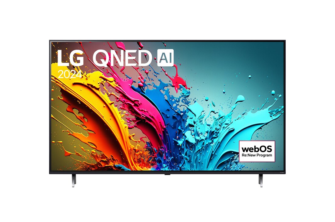 Tampak depan LG QNED TV, QNED86 dengan teks LG QNED, 2024, dan logo webOS Re:New Program di layar