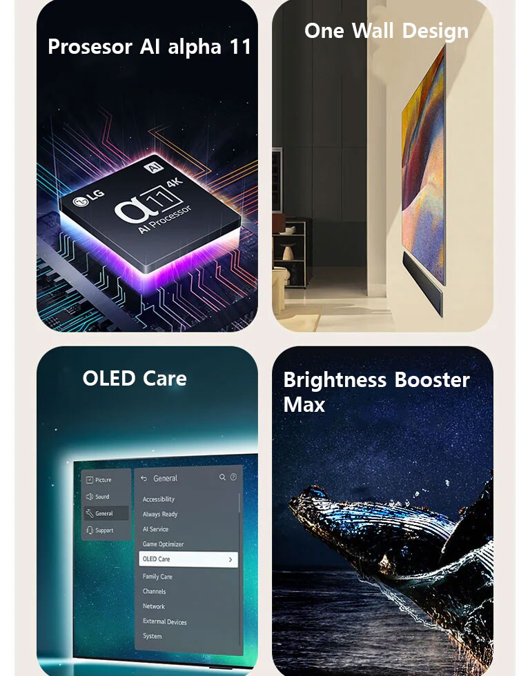 "Prosesor AI alpha 11 4K LG di atas motherboard, memancarkan kilatan cahaya ungu dan merah muda.	  One Wall Design LG OLED G4 dan LG Soundbar dipasang rata di dinding di ruang tamu modern.  Logo LG OLED Care+ dan Garansi Panel 5 Tahun dengan latar belakang hitam.  Brightness Booster Max dengan gambar paus melompat keluar dari air di bawah langit malam berbintang. "