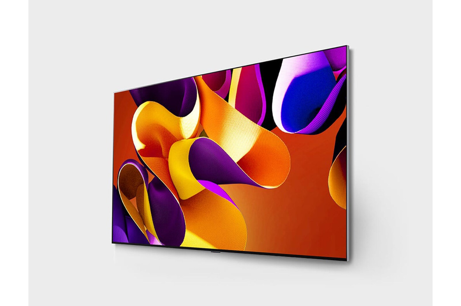 Tampak samping agak miring ke kiri TV LG OLED evo, OLED G4 di dinding