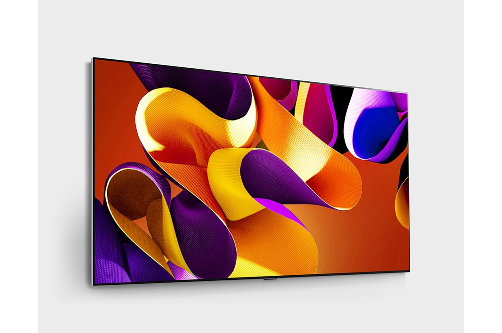 Tampak samping menghadap ke kanan TV LG OLED evo, OLED G4 di dinding