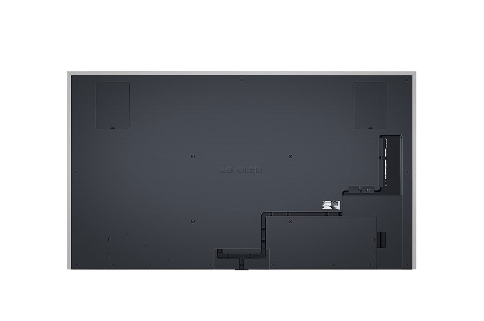 Tampak samping agak miring ke kanan TV LG OLED evo, OLED G4 di dinding