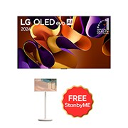 Tampak depan dengan TV LG OLED evo, OLED G4, Emblem OLED nomor 1 dunia selama 11 Tahun dan logo Garansi Panel 5 Tahun di layar, serta Soundbar di bawah