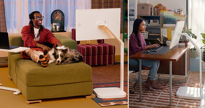 Pada gambar sebelah kiri, seorang pria sedang menonton LG Smart Monitor Swing bersama anjingnya, sedangkan pada gambar sebelah kanan, seorang wanita sedang mengerjakan LG Smart Monitor Swing.