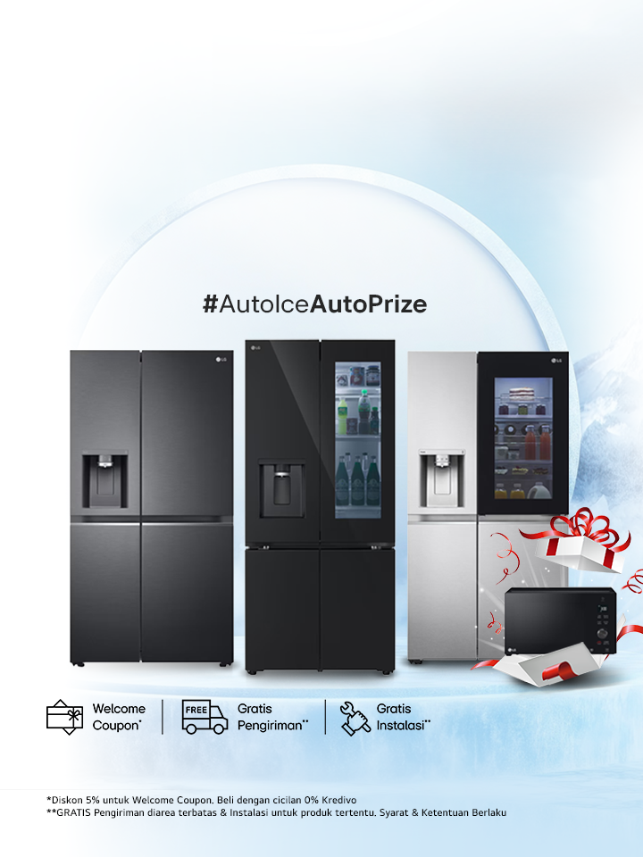 Text: Kulkas Pilihan LG Auto Ice Maker GRATIS Microwave