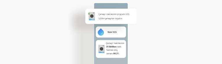 Image shows a screen displaying status updates of the washer in the LG ThinQ app.