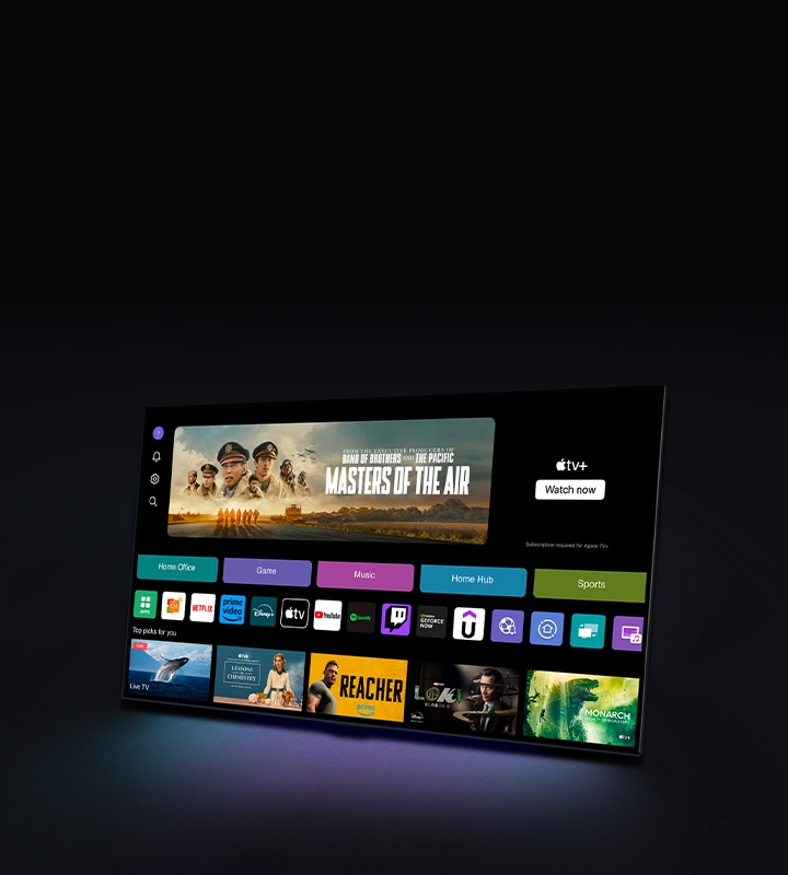 To the right of the banner there is a LG TV with a webOS home screen. The webOS home screen with Home Office, Game, Music, Home Hub, and Sports categories. The bottom of the screen shows personalized recommendations under “Top picks for you”.