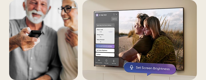 On the left, a man and woman sit while man points out with a remote. On the right, an LG TV screen shows a woman and man sitting on a sandfield with an AI chatbot service window open on the left side of the screen with a speech bubble that reads “Set Screen Brightness” on the bottom right corner.