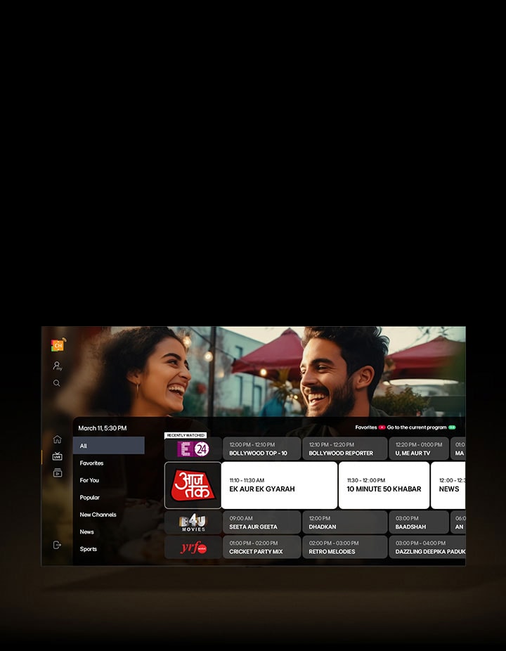 An LG TV has an overlay of the TV schedule displayed over the currently playing TV show. 