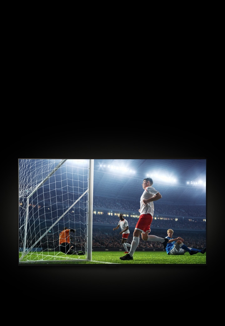 A movie plays on the LG TV. A popup box appears showing the latest soccer score with the option to watch live. The cursor clicks Watch Live, and the TV shows a player scoring a goal in a soccer match.