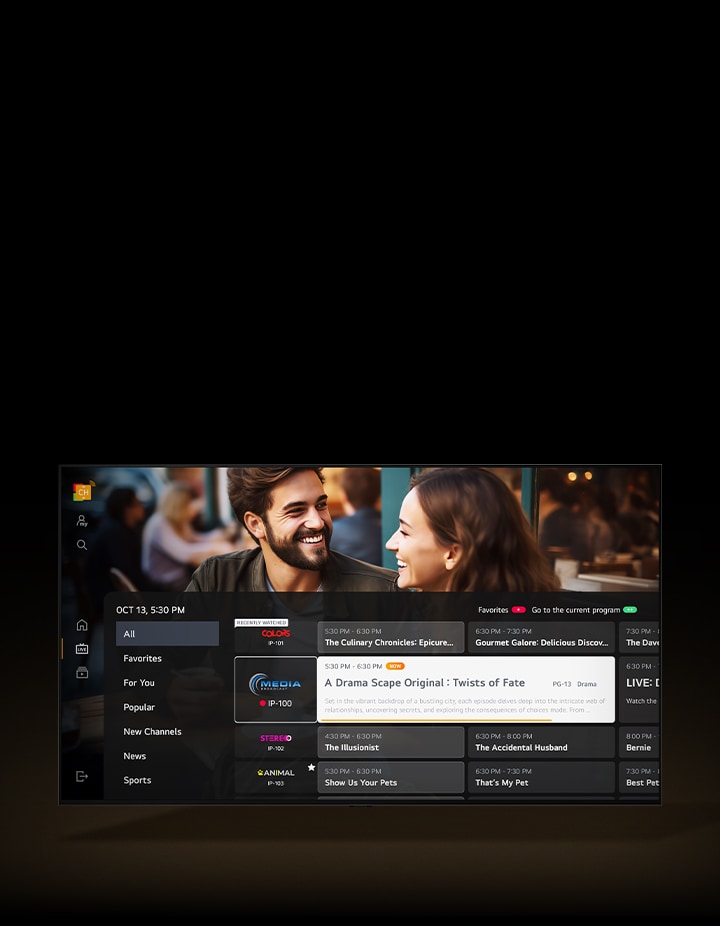 An LG TV has an overlay of the TV schedule displayed over the currently playing TV show. 