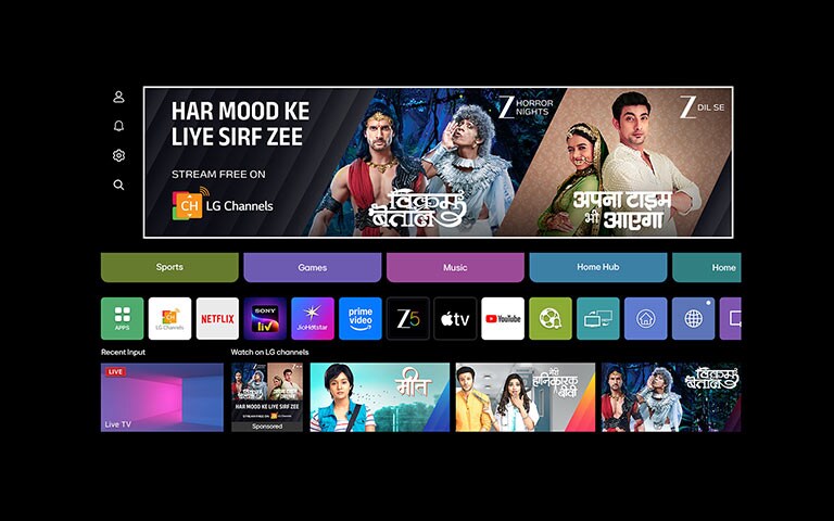 LG Smart TV interface featuring animated category boxes seamlessly transitioning into the webOS home screen, showcasing personalized content access through a unified smart hub.