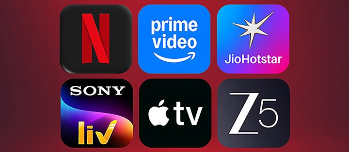 Animated sequence showing logos of Netflix, Prime Video, Disney+, and Apple TV+ floating above a dynamic collage of hit TV shows, highlighting LG Smart TV’s access to global streaming platforms and immersive viewing experience.