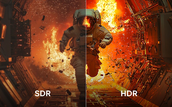 Scene of an astronaut running away from an explosion which is split in half. On one side, the colors and contrast are dull, this is labeled SDR. On the other, it's sharp and vivid, this is labeled HDR.