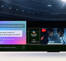 Close-up of an LG QNED TV screen showing how AI Search works. A small chat window is open showing how the user asked for what sports games are available. AI search responded via chat and by showing thumbnails of available content. There is also a prompt to ask Microsoft Copilot. 