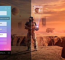 Sci-fi content is playing on an LG QNED TV screen. On the screen is the AI Chatbot interface. The user messaged the chatbot saying that the screen is too dark. The chatbot offered solutions to the request. The whole scene is also split in two. One side is darker, the other side is brighter, showing how AI Chatbot solved the issue for the user automatically.