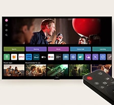 Family of four is gathered around an LG AI TV. A circle appears around the person holding the remote showing their name. This showcases how AI Voice ID recognizes each user's voice signature. The webOS interface then shows how the AI automatically switches the account and recommends personalized content.