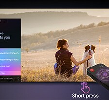 LG AI Magic Remote in front of an LG TV screen. On the screen is a personalized greeting from the LG AI with custom keywords based on the user's search and watch history. By the remote is an icon and label showing that the AI Concierge functionality is easily accessible with one short press on the AI button. 