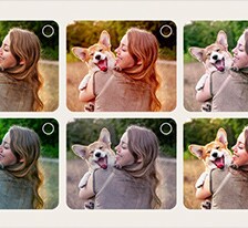 Screen of a user going through the AI Picture Wizard personalization process. Series of pictures are shown with user's selections being highlighted. A loading icon appears and a landscape image is shown being enhanced from left to right.