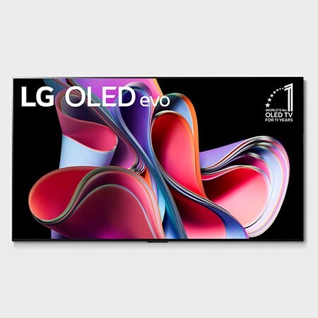 Front view with LG OLED evo, 10 Years World No.1 OLED Emblem, and 5-Year Panel Warranty logo on screen