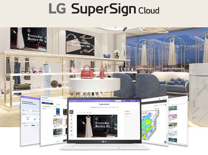This shows an image of a retail clothing store with five browser windows from LG SuperSign Cloud displayed at the bottom. The central window showcases the content creation process and how the created content is applied to in-store displays.