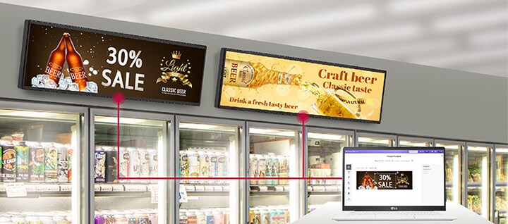 This image shows a solution page displayed on a laptop, demonstrating content creation and its application to retail displays.