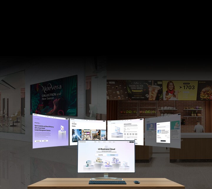 This image features the LG Business Cloud main screen on a monitor, with various web page views shown behind it.	