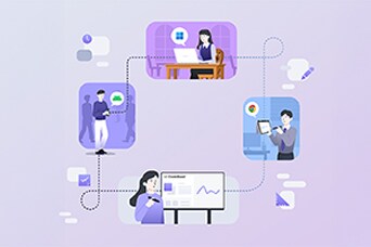 An illustration showing people collaborating through LG CreateBoard Lab across various devices in different situations, seamlessly continuing their work.