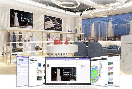 This image shows a laptop running the actual LG SuperSign Cloud solution, with its screen content mirrored on a background display through the solution.	