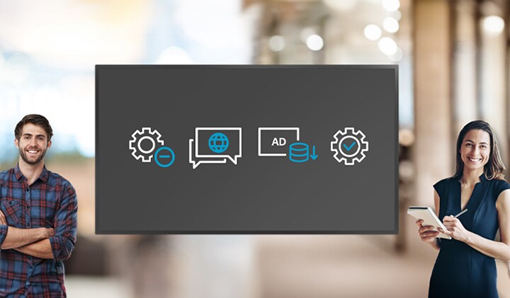 This image features a man and a woman standing next to a monitor displaying LG DOOH Ads' Programmatic Ads options, highlighted by simple icons. It indicates that users can set preferences such as content filtering, language settings, bottom price settings, and content approval.	