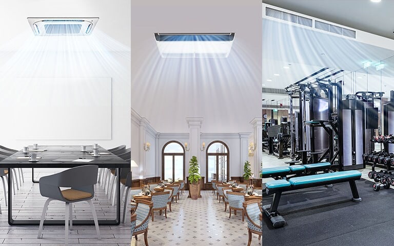 Three Images of a coffee shop, a restaurant and a gym with air conditioning on.