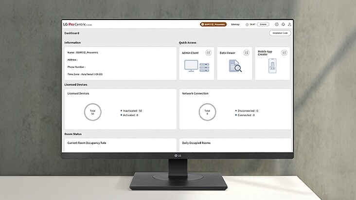 The LG Pro:Centric Cloud dashboard is displayed on the PC screen.