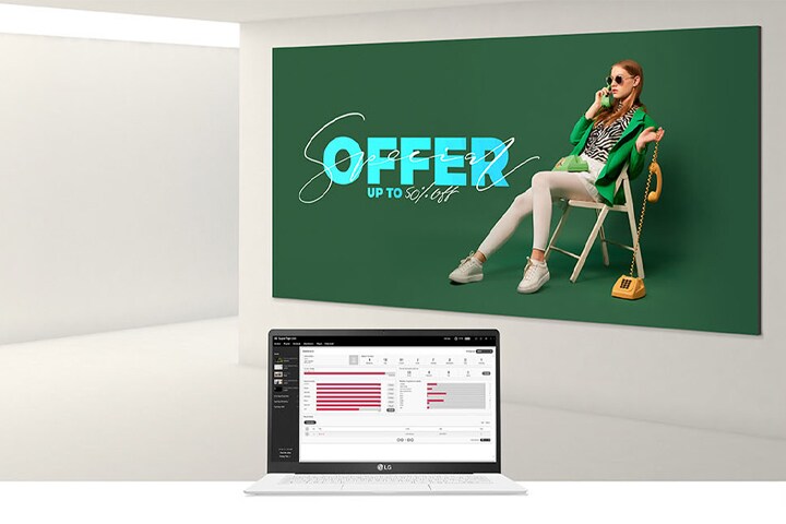 It shows the usage of signage products and the actual screen of LG SuperSign CMS on a laptop.