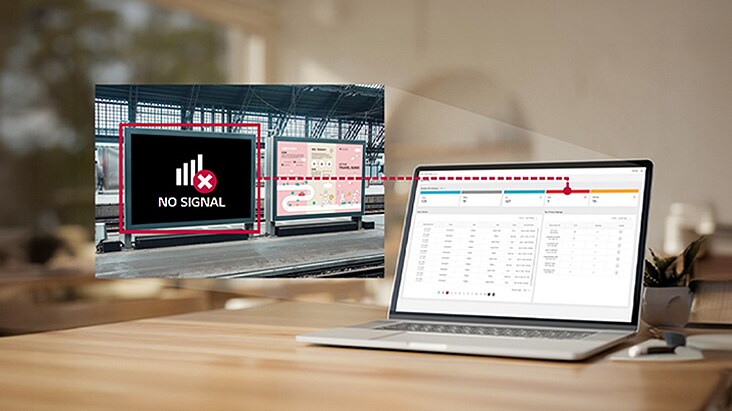 The LG SuperSign Control+ dashboard image is displayed on a laptop screen, showing signage error statuses visible on the left and allowing for remote checks directly from the dashboard.