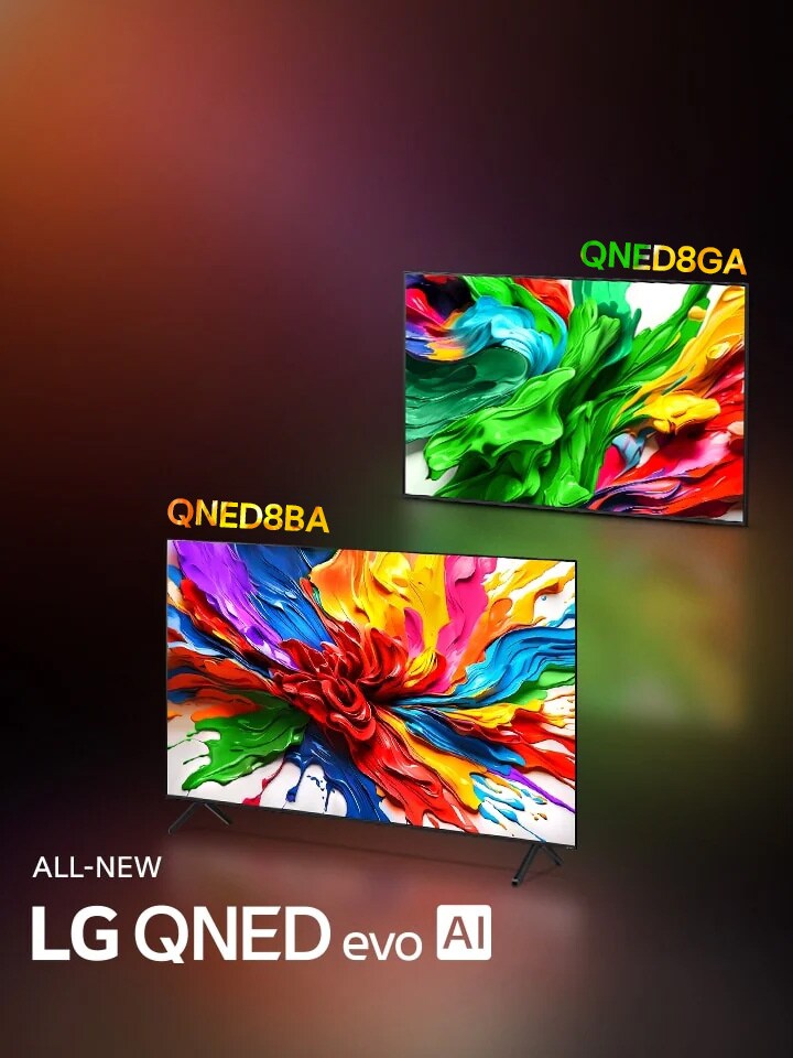 LG TVs with colorful artwork that highlight the new vivid and vibrant color reproduction technology of LG QNED are on their screens. ALL NEW LG QNED evo AI logo is also present.	