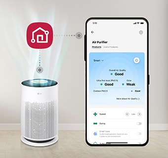 LG PuriCare-360-HIT Airflow comes out of the PuriCare air purifier on the left, and the LG ThinQ logo is visible on top of it, and the LG ThinQ app screen on the right is linked to the mobile phone.