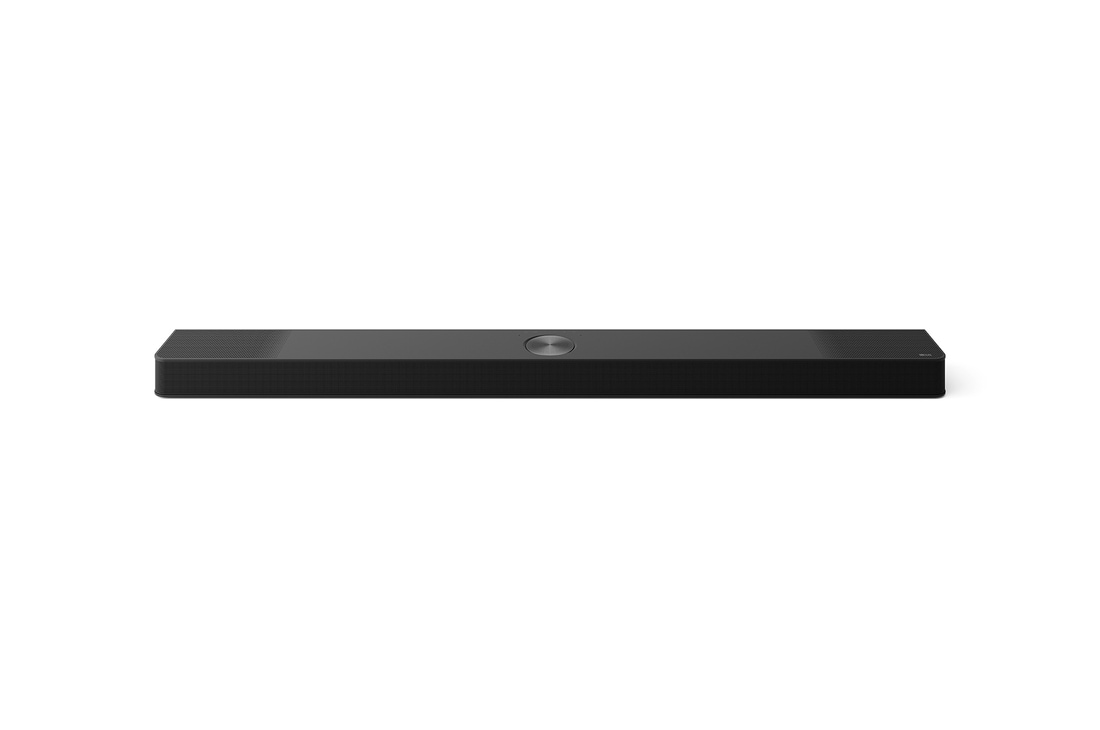 45-degree side angle view of Soundbar, subwoofer, and Rear Speakers Front view of Soundbar