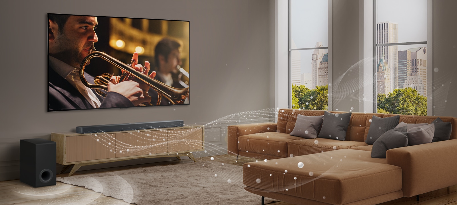 An LG Soundbar, LG TV, and subwoofer are in a modern city apartment. The LG Soundbar emits three branches of soundwaves, made of white droplets that float along the bottom of the floor. Next to the Soundbar is a subwoofer, creating a sound effect from the bottom. 