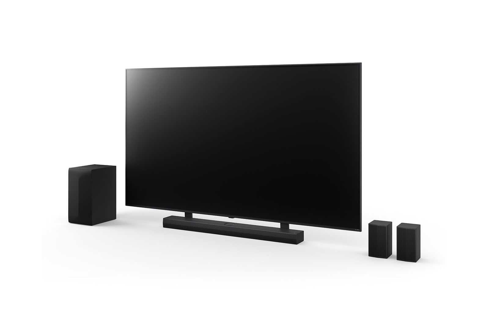 Angled view of 75inch LG QNED, LG Soundbar SQ75TR, Rear Speakers, and subwoofer