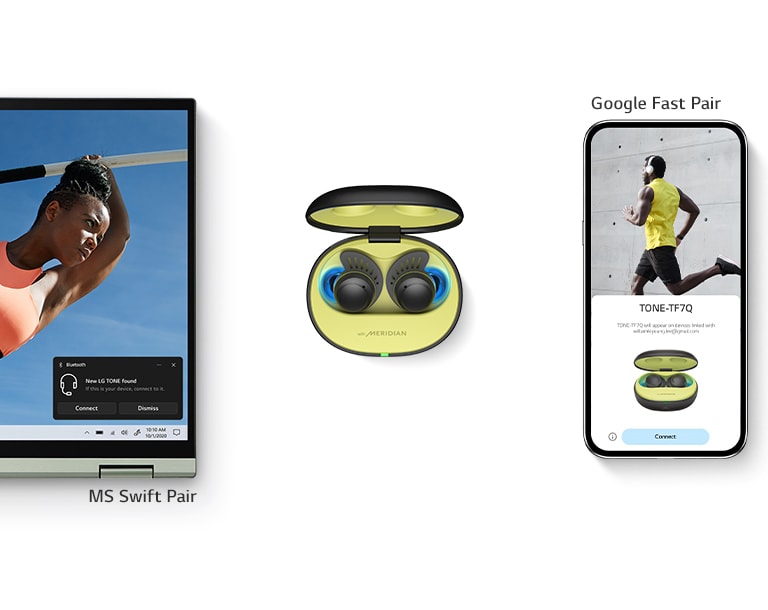 LG TONE-TF7Q A video with TONE Free fit placed in the center, a Windows PC on the left, and an Android device on the right. When the TONE Free fit cradle lid opens, each device is paired and a connection pop-up appears.