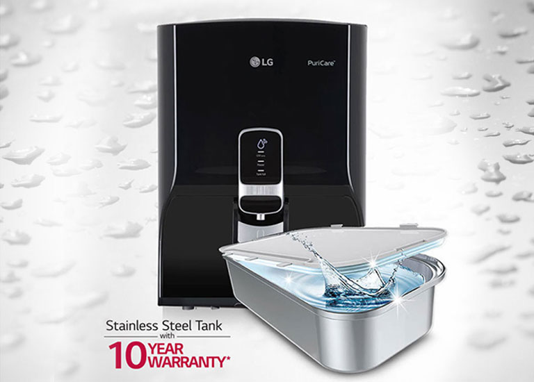 The stainless steel tank in LG water purifier comes with 10 years of warranty