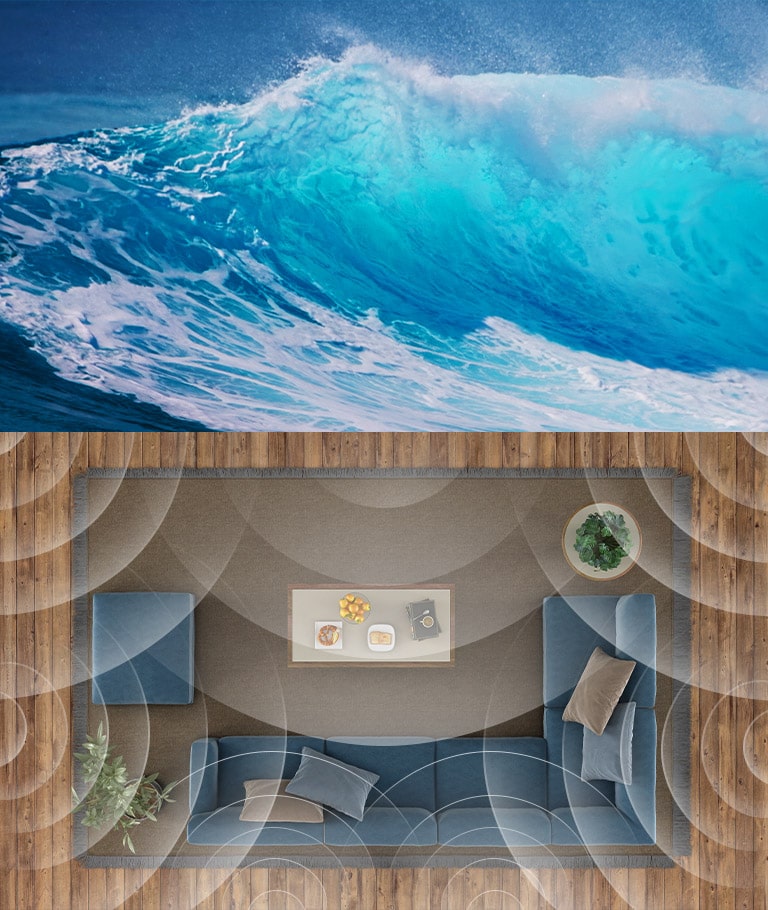 On top, there is a strong waves in the sea and in the bottom there is a top view of living room with visual effect of wavelengths.