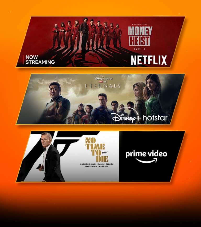 There are 3 image blocks – each with streaming platform logo and footage image. Netflix logo with the Witcher, Apple TV plus logo with Foundation, and prime video logo with Without Remorse.