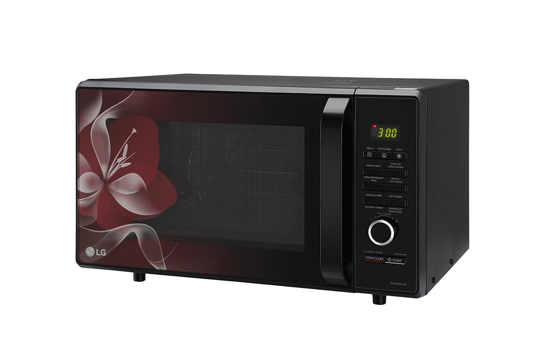 LG 28 L Charcoal Convection Microwave Oven with 301 Auto Cook Menu, Motorised Rotisserie, Floral Black, MJ2887BWUM
