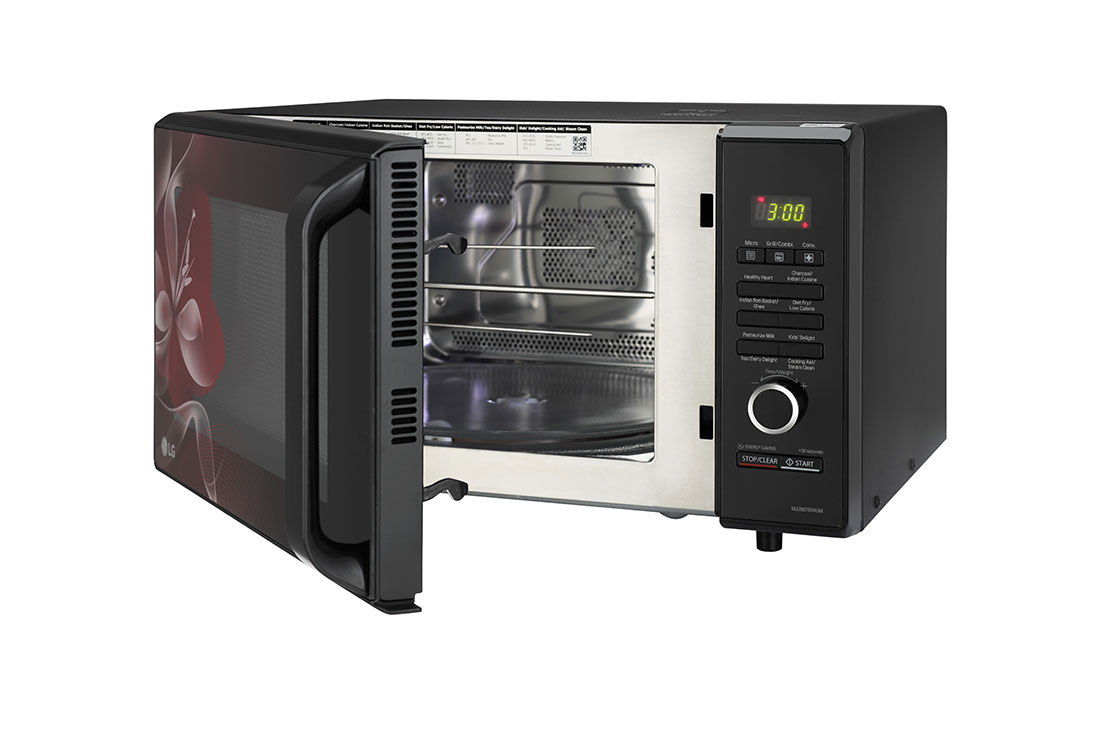 LG 28 L Charcoal Convection Microwave Oven with 301 Auto Cook Menu, Motorised Rotisserie, Floral Black, MJ2887BWUM