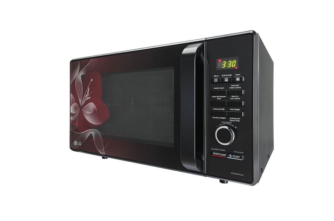LG 28 L Charcoal Convection Microwave Oven with 301 Auto Cook Menu, Motorised Rotisserie, Floral Black, MJ2887BWUM