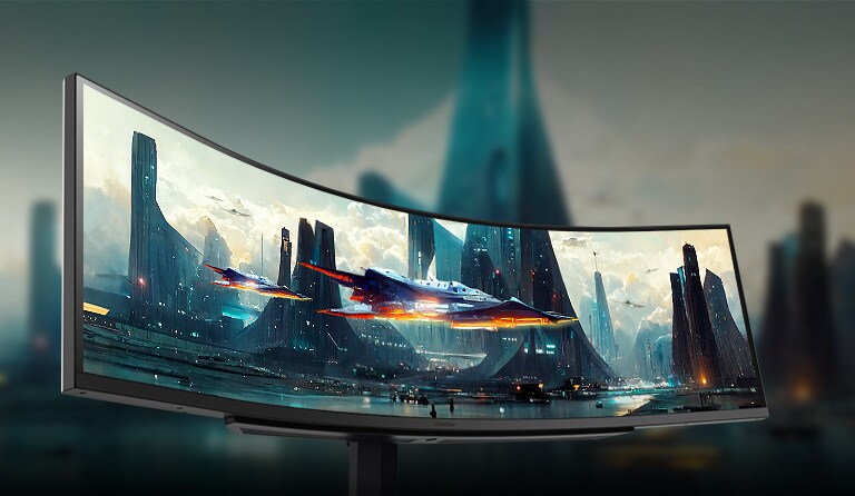 LG 49gr85dc The 49-(124.46cm) Dual QHD (5120x1440) ultrawide curved monitor with a 32:9 aspect ratio displays much more screen space for the gaming scene.
