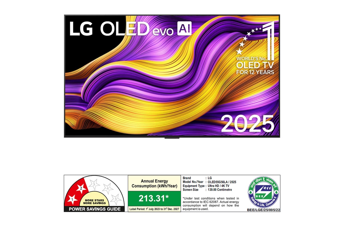 Front view of LG OLED evo AI G5 4K Smart TV. 12 Years of world number 1 OLED emblem and LG OLED evo AI 2025 logo are on the screen.