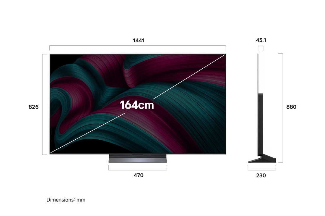 Front view and side view of LG OLED evo AI C5 4K Smart TV showing its length, width, height, and depth dimensions.