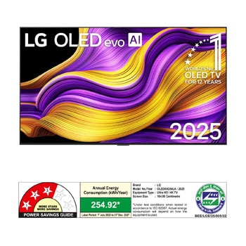 Front view of LG OLED evo AI G5 4K Smart TV. 12 Years of world number 1 OLED emblem and LG OLED evo AI 2025 logo are on the screen.